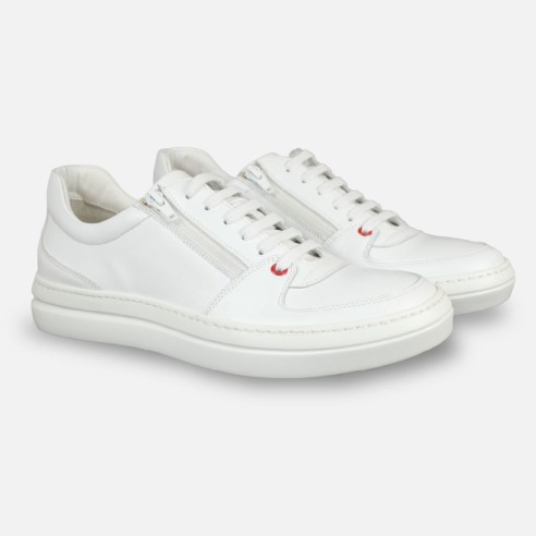 White Calf Leather Sneakers with Red/Yellow Detail – Handmade in Italy