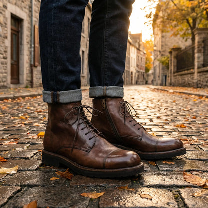  Lancio Shoes - stivali da uomo in pelle di bufalo lavata con un affascinante effetto vintage, perfetti per chi cerca un look distintivo e un comfort senza pari. La fodera 100% in vitello aggiunge un tocco di lusso e morbidezza, mentre il fondo extra leggero 